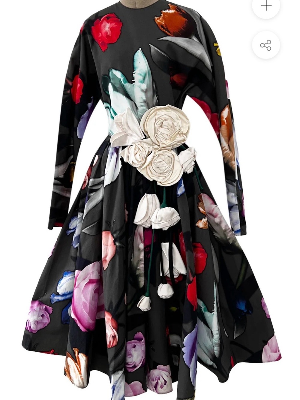 Prada Fall 2019 Floral Print Dress with Silk Flower / Rosette Appliqué